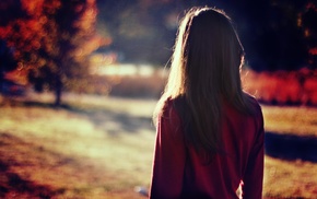 grass, red, back, hair, dress, brunette