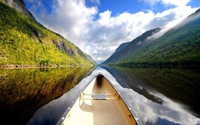sky, water, canoes, mountain, clouds, nature