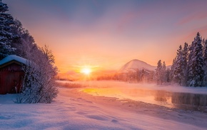 calm, sun rays, Norway, cabin, cold, landscape