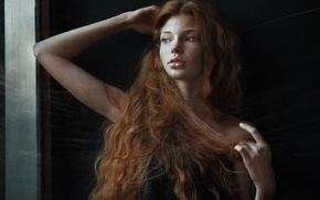 window, model, redhead, juicy lips, face, wavy hair