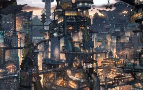 landscape, Japan, futuristic city, anime, cyberpunk, illustration