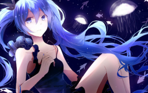 Vocaloid, anime girls, blue eyes, blue, jellyfish, underwater