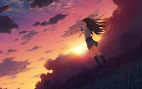 school uniform, anime, original characters, sunset, anime girls