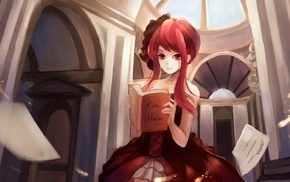 redhead, anime girls, original characters, dress, reading, anime