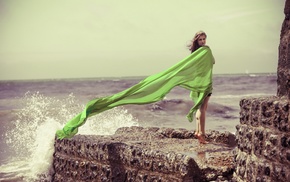 sea, windy, dress, smiling, hills, green dress