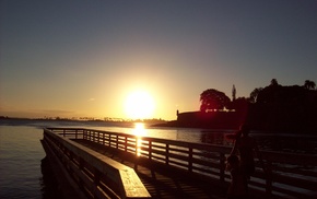 sunset, sea, pier