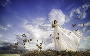 umbrella, girl, leaves, model