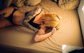 model, tattoo, black lingerie, girl, Andr Josselin, blonde