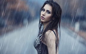 girl outdoors, Alessandro Di Cicco, looking at viewer, rain, wet, portrait