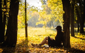 girl, trees, reading, leaves, sunlight, brunette