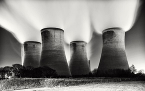 cooling towers, power plant, industrial, technology, monochrome, photography