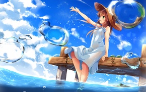 anime girls, straw hat, water, dress, original characters, anime