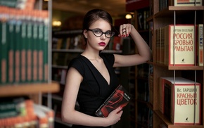 library, black clothing, red lipstick, Oktyabrina Maximova, pale, girl