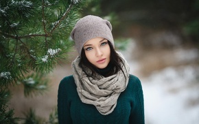 brunette, model, face, scarf, Denis Petrov, blue eyes