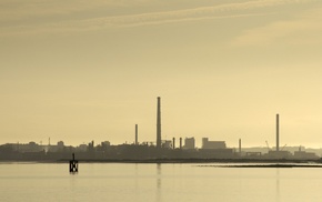 photography, reflection, chimneys, technology, industrial, water