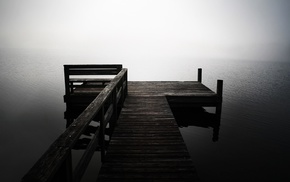 pier, mist, water, monochrome, photography