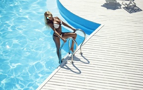 model, swimming pool, white bikini, blonde, girl, sunglasses