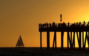 sunset, fisherman, sailing ship, photography, sea, pier