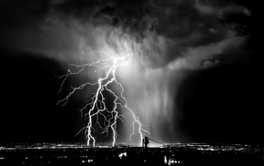 storm, monochrome, lights, photography, urban, lightning