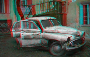 saab, rust, old car, car, anaglyph 3D, 3D