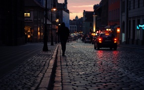 sunset, street, lights, Poznan, car, Erik Witsoe