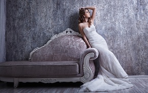 model, bridal gown, arms up, girl, dress, couch