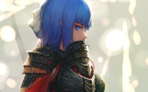 anime, blue hair, armor, blue eyes, girl
