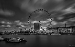 cityscape, ferris wheel, photography, river, monochrome, sky