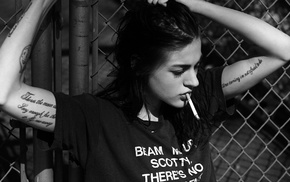 tattoo, monochrome, girl, Frances Bean Cobain, smoking