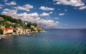 sea, nature, trees, clouds