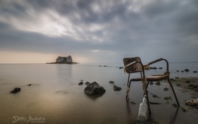 David Aguilera, sky, sea, old, chair, bottles