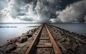 railway, clouds, sea