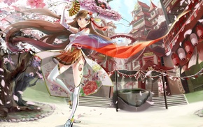 Asian architecture, dragon, skirt, cherry blossom, anime girls, original characters