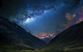 snowy peak, mountains, dirt road, starry night, galaxy, nature