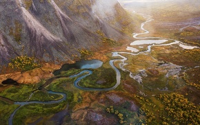 nature, mist, Sweden, aerial view, mountains, sunlight