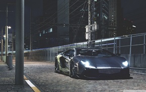 Lamborghini Aventador, lights, night, road, gray, city