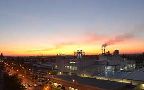 sunset, city, factory, sky
