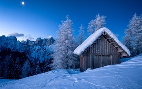 landscape, winter, snow, mountains, hut