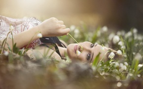 model, girl, girl outdoors, flowers, field