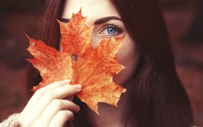 face, blue eyes, leaves, girl, portrait, looking at viewer