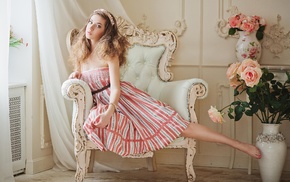 girl, dress, chair, model, flowers