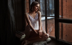 brunette, Evgeniy Reshetov, white clothing, girl, window