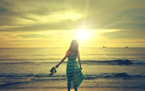 coast, Sun, girl, photography, ship, beach