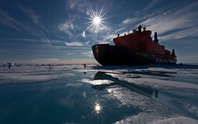 water, ship, ice breaker, Russian icebreaking fleet, ice, Sun