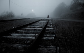 spooky, monochrome, mist, girl, railway, dark