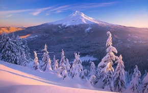 frost, snowy peak, mountains, lake, landscape, winter