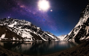 mountains, nature, snow, long exposure, Milky Way, Moon