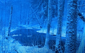 river, snow, landscape, frost, blue, cold