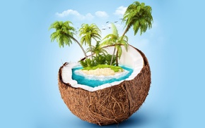blue background, palm trees, render, island, coconuts