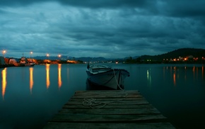 photography, landscape, lights, water, pier, boat